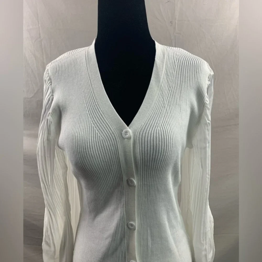 White Pleated Sleeve Button Front Ribbed Knit Cardigan - Picture 6 of 6